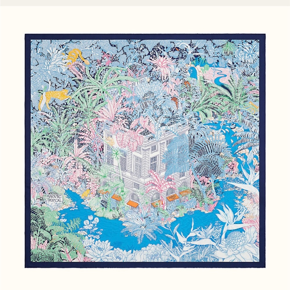 SOLD!! Hermès FAUBOURG TROPICAL SCARF in Bleu Jean/Vert/Jaune